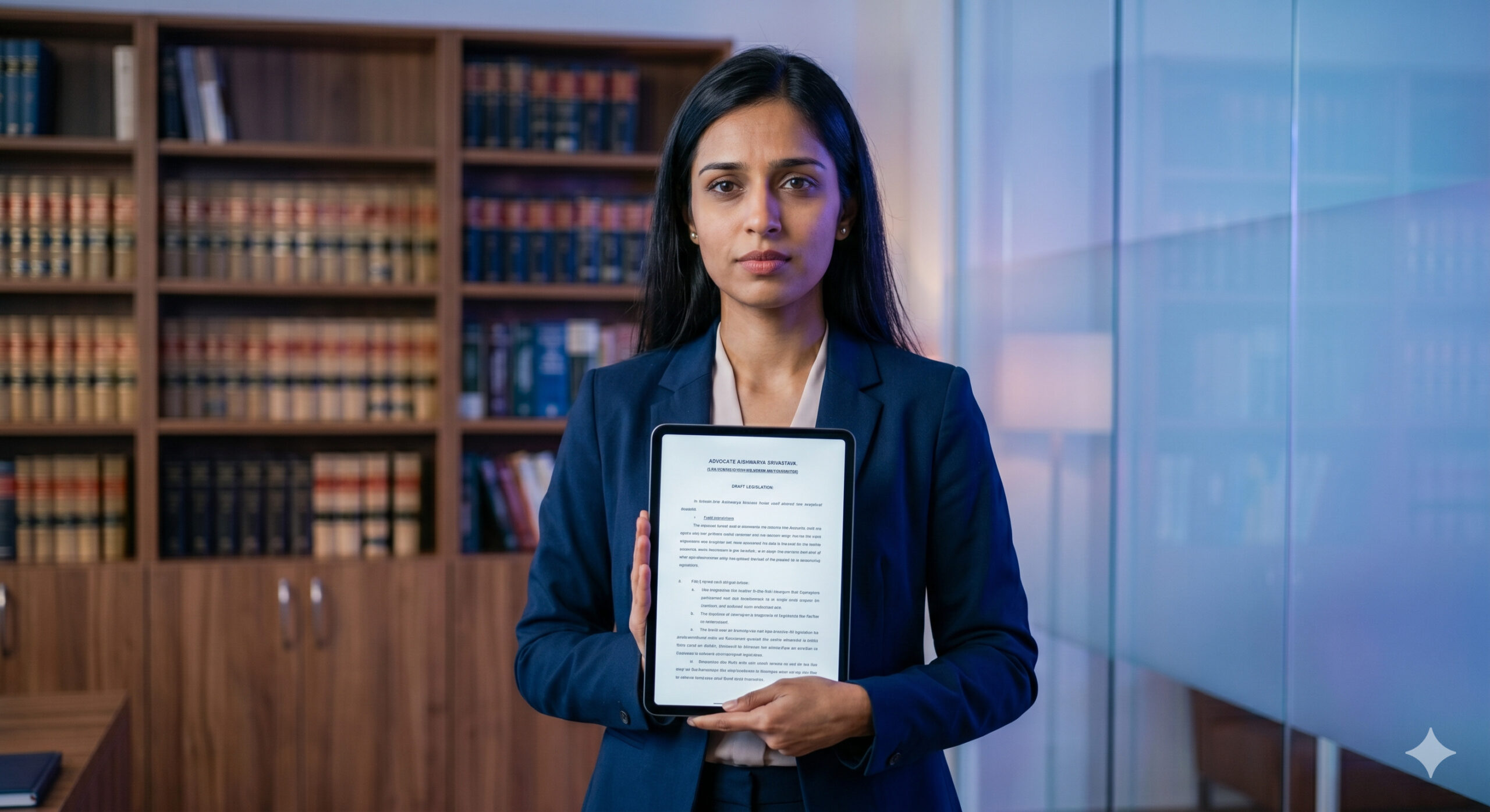 Portrait of a woman advocate in a navy blue suit holding a digital tablet with legal text in a law library, representing the need for legislative reforms to protect young women from digital crimes. (Representational AI image)