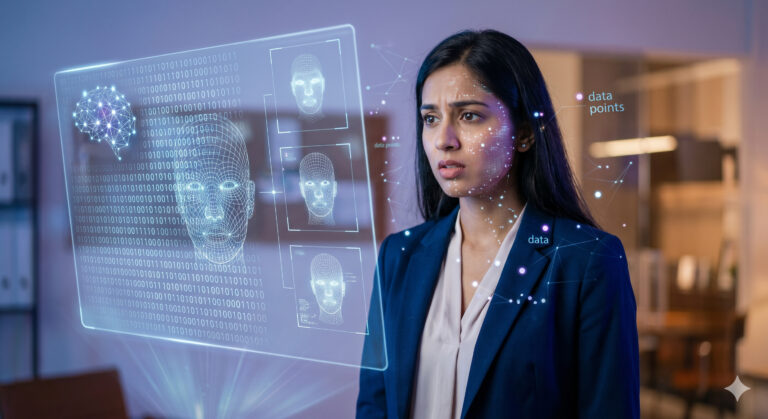 Representational AI Image: A young woman looking at a holographic digital display of binary code and neural networks mapping her facial features, symbolising the AI-driven distortion of identity.