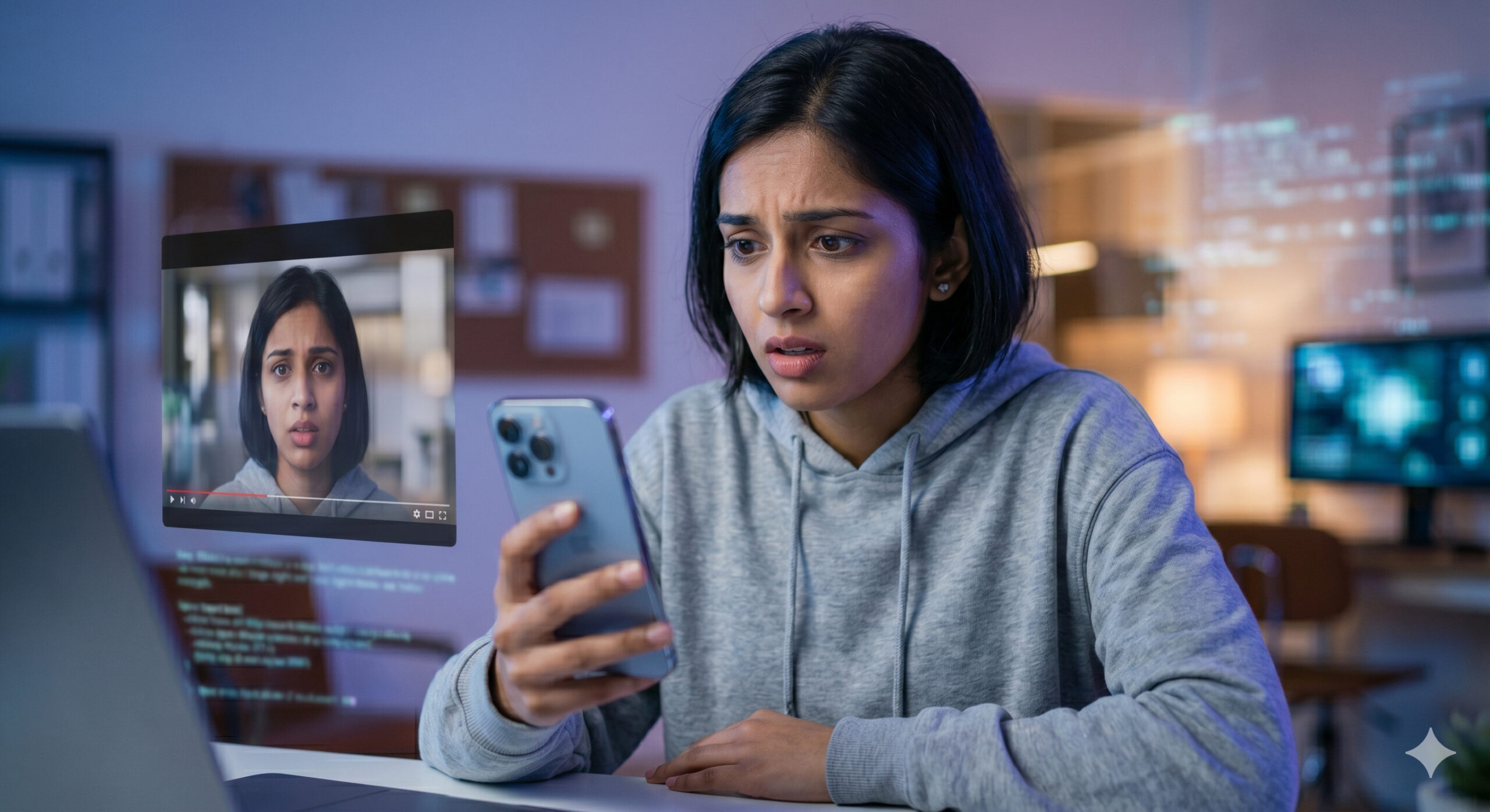 A shocked young woman in a dimly lit room looking at a hyper-realistic deepfake video of herself on a smartphone screen, illustrating the psychological impact of non-consensual image-based abuse (Representational AI image)