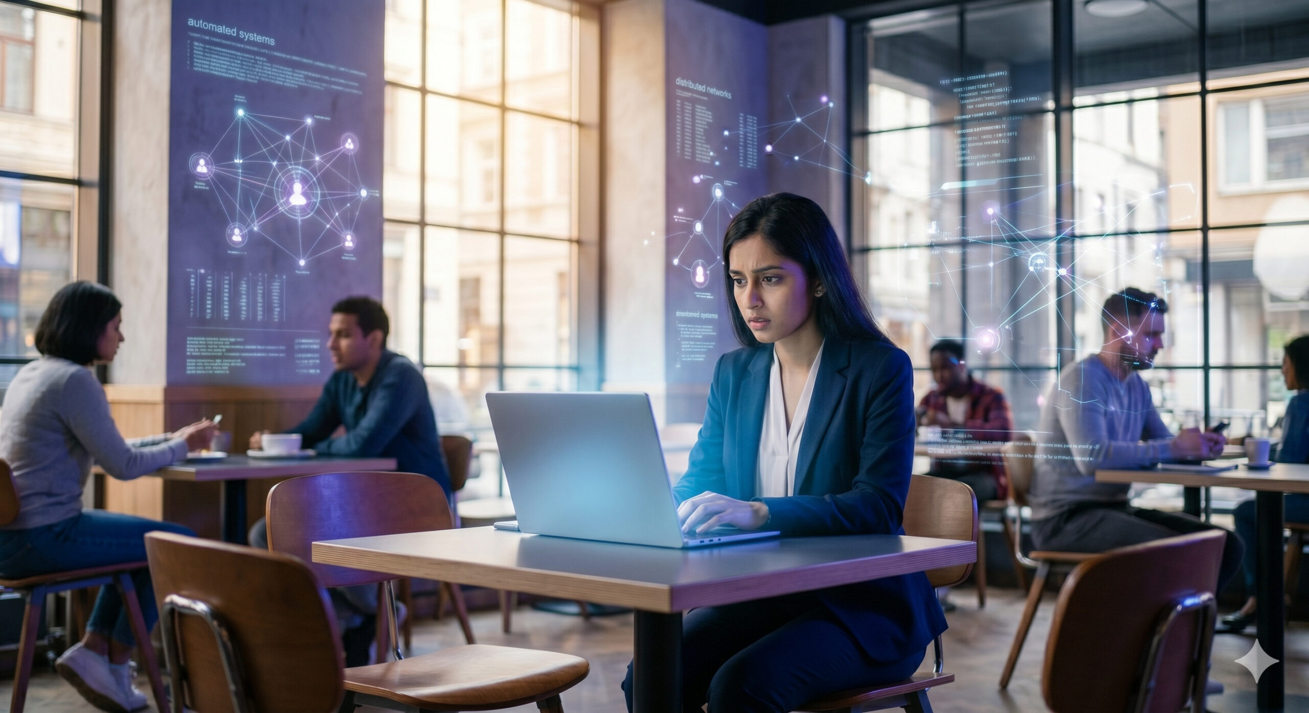A wide-angle shot of an anxious young woman working on a laptop in a busy urban cafe, with abstract digital network nodes and data streams superimposed on the environment to represent the invisible ecosystem of AI exploitation. (Representational AI image)