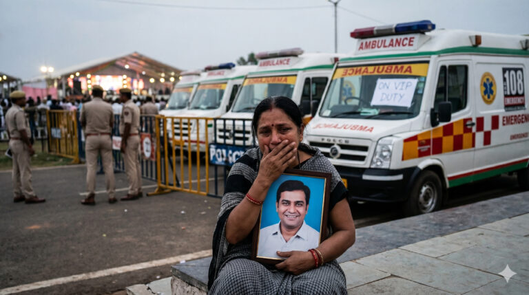Grieving mother holding a portrait of son next to an ambulance with a sign saying 'On VIP Duty'.