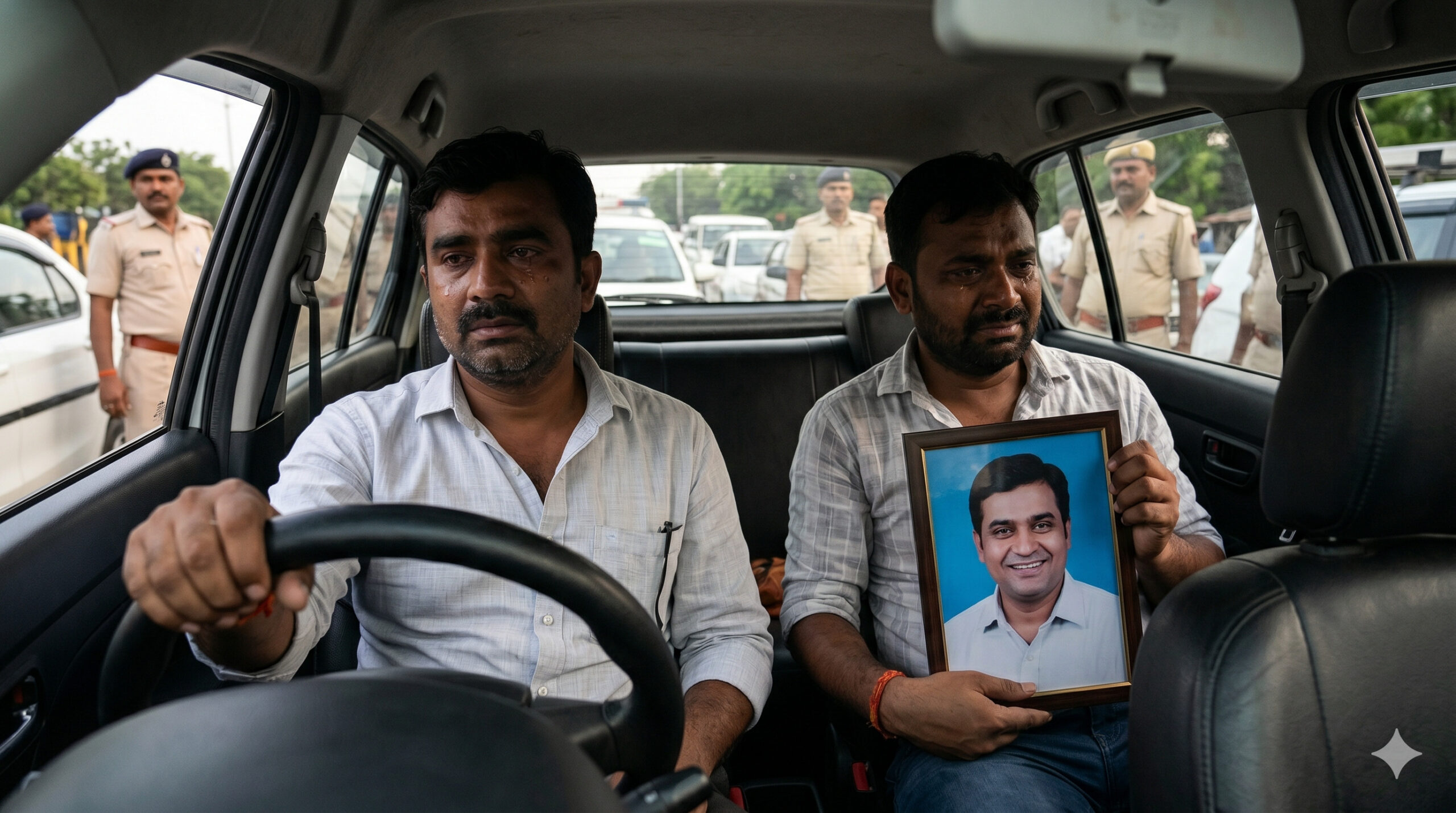Distressed family members transporting an injured man in a private car through traffic due to lack of available ambulances.