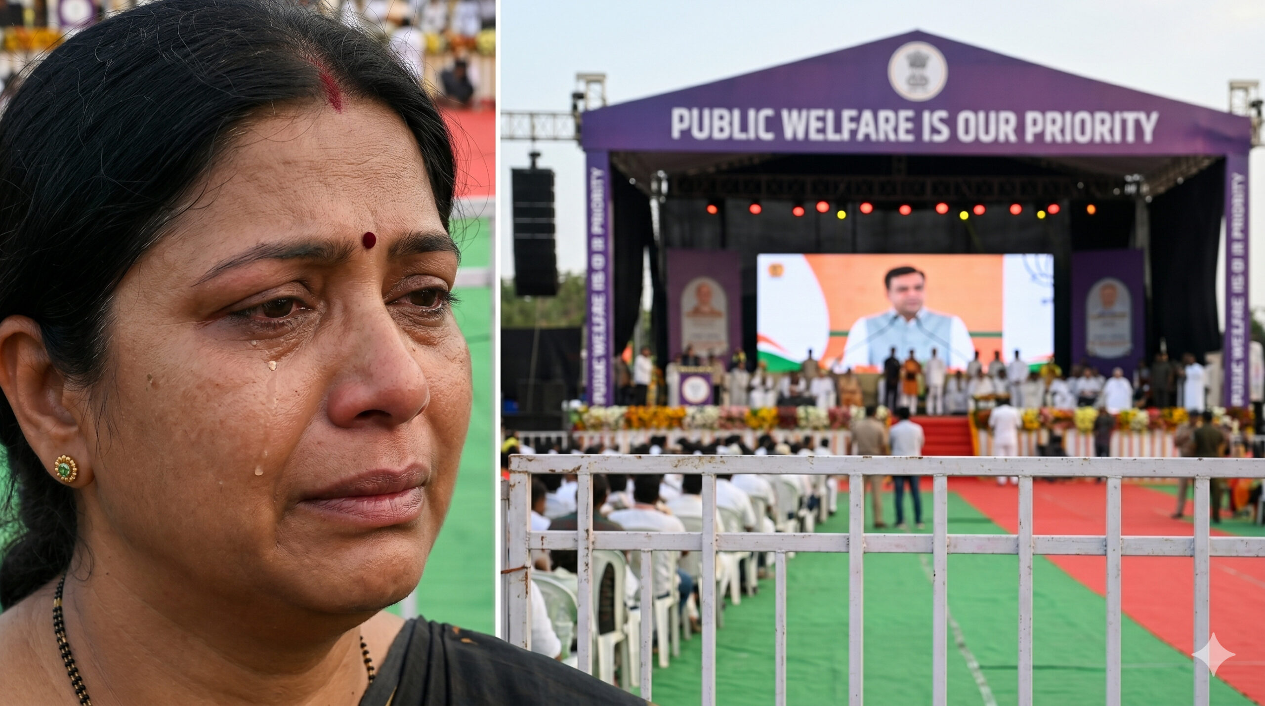 Close-up of a crying woman against a grand political stage with a banner reading 'Public Welfare is our Priority'.